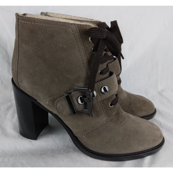 Aquatalia Shoes - AQUATALIA Grayish Brown Leather Heeled Ankle Boot Lace Up Buckle Womens Size 8.5
